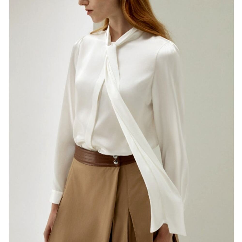Lilysilk Women Bow-tie Neck Silk Blouse Natural White Size XS